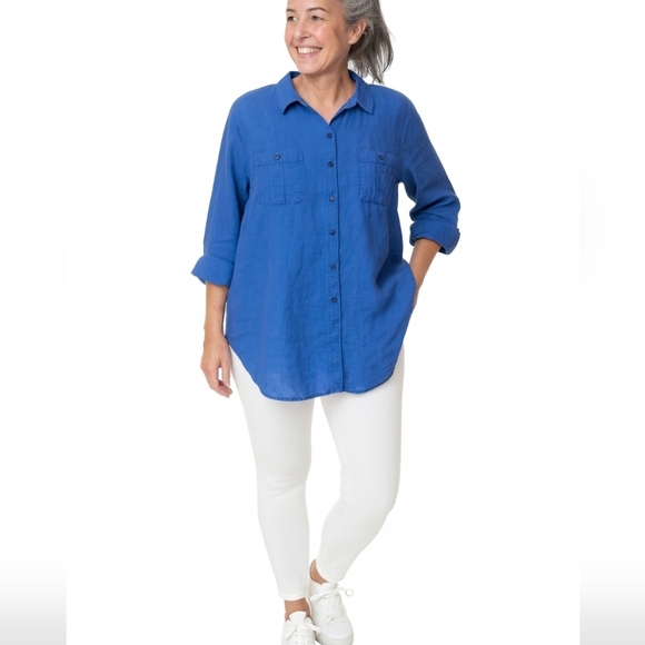 Chico's Tops - Chico's Linen Blue Button-Up Shirt Tunic Beach Cover 3/4 sleeve, Size 12